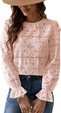 Eyelet Long Sleeve Lace Blouse - Dressy Casual Spring Top