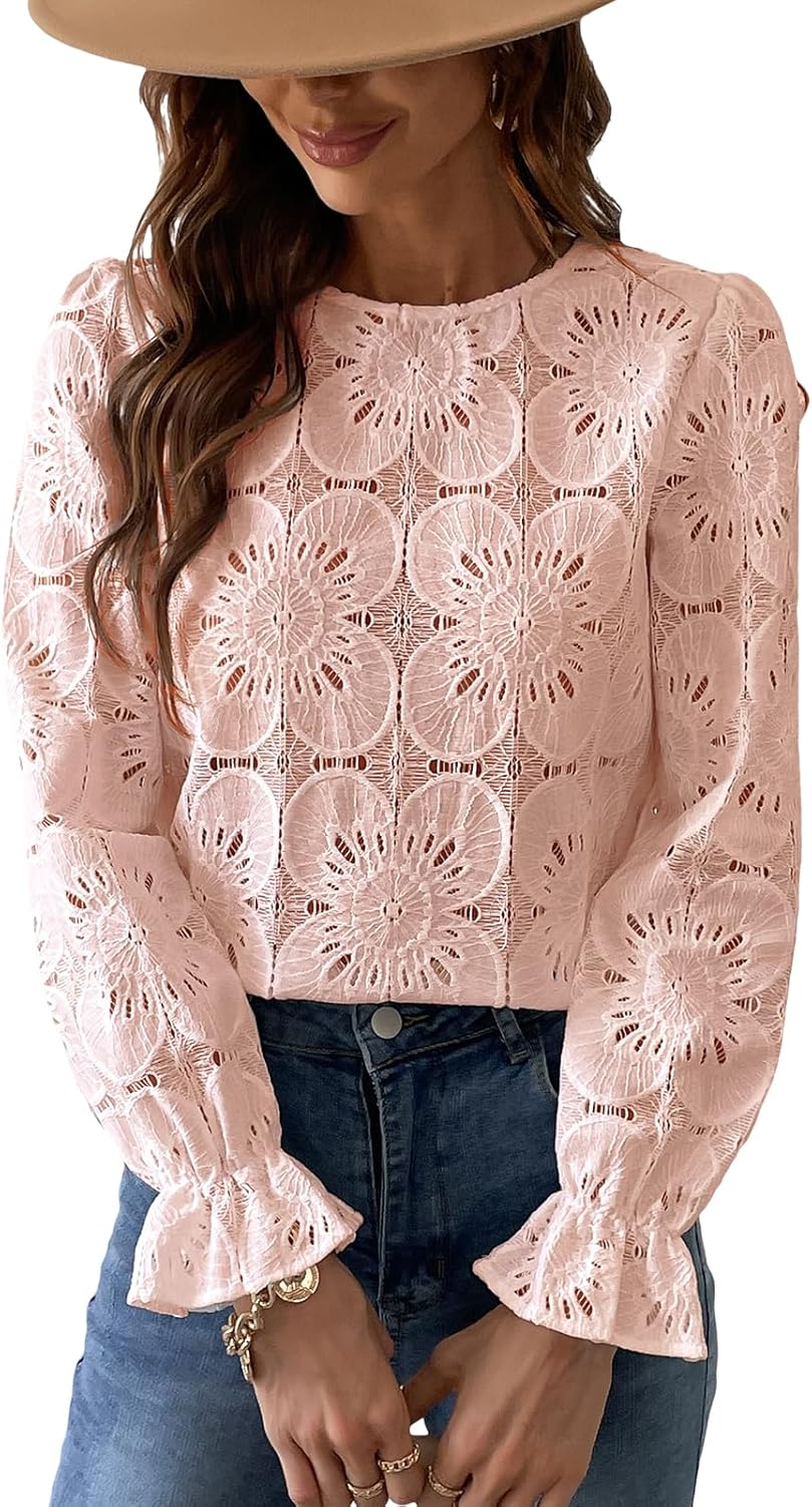CUPSHE Women Eyelet Long Sleeve Tops for Dressy Casual Style