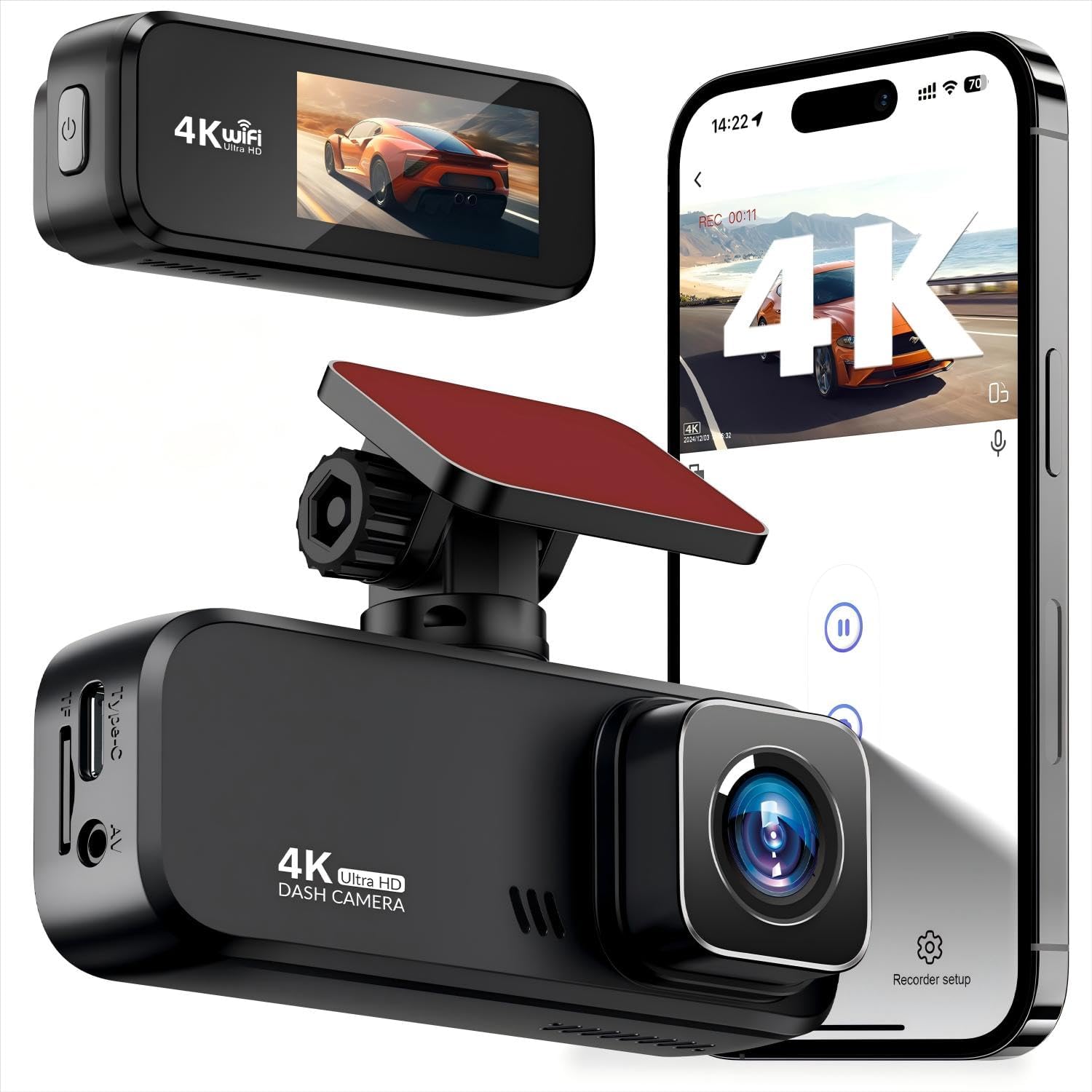 4K Dash Cam Front with Wi-Fi, Night Vision & G-Sensor Features