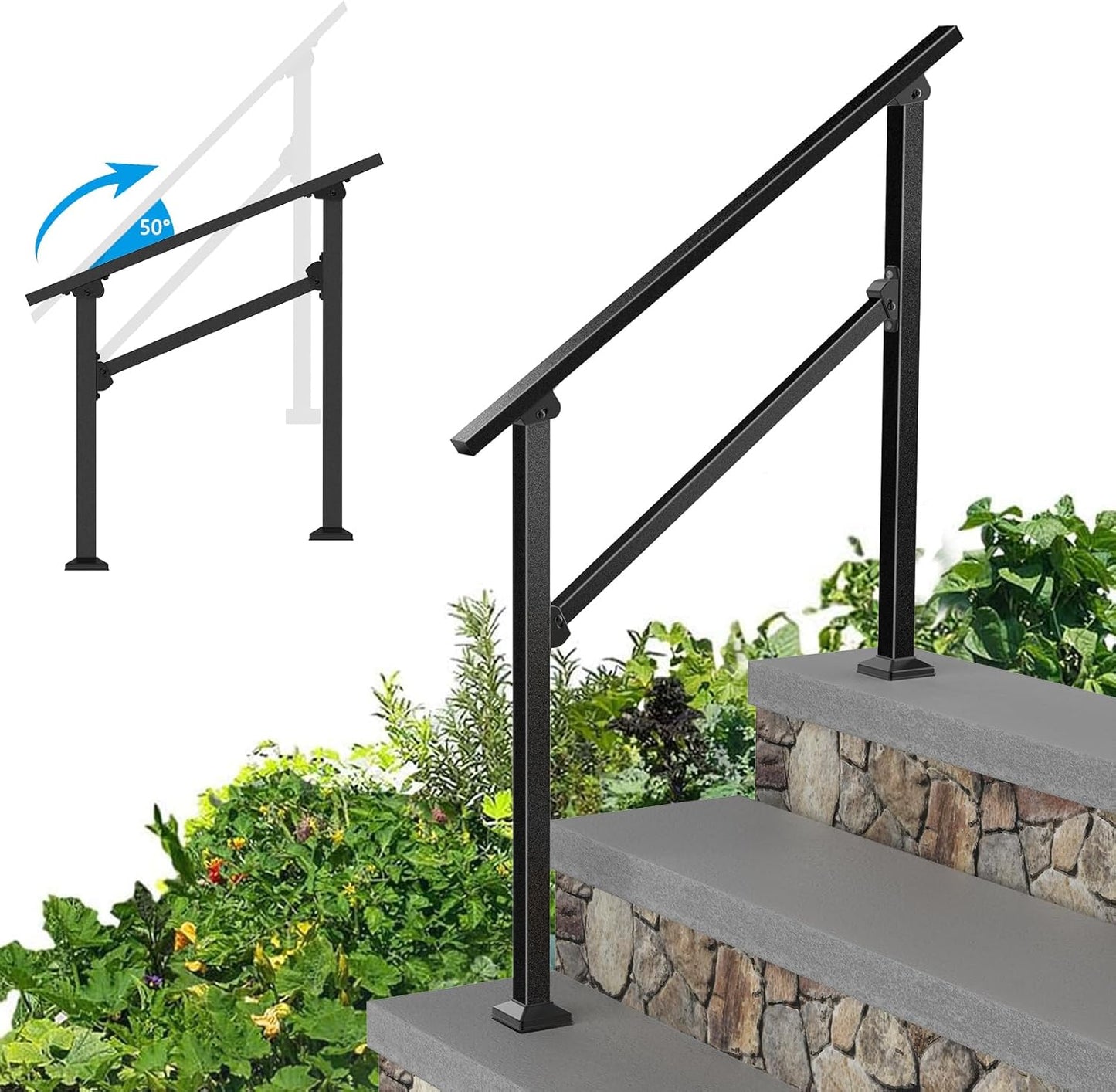 Wrought Iron Handrails for Outdoor Steps - Adjustable Metal Railing