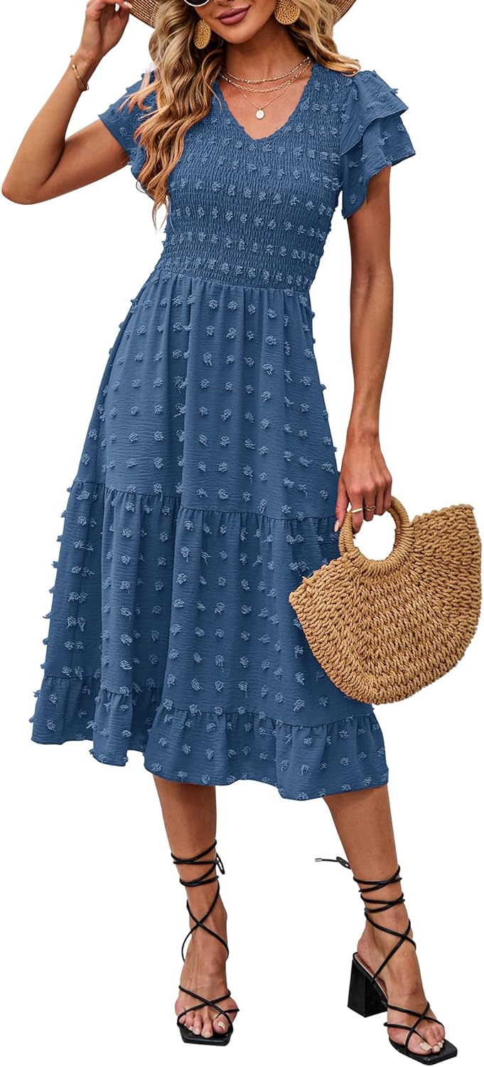BTFBM Women Casual Summer Short Ruffles Tiered Sleeve Midi Dress