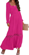 Boho Smocked Square Neck Maxi Dress - Flowy Lace Trim
