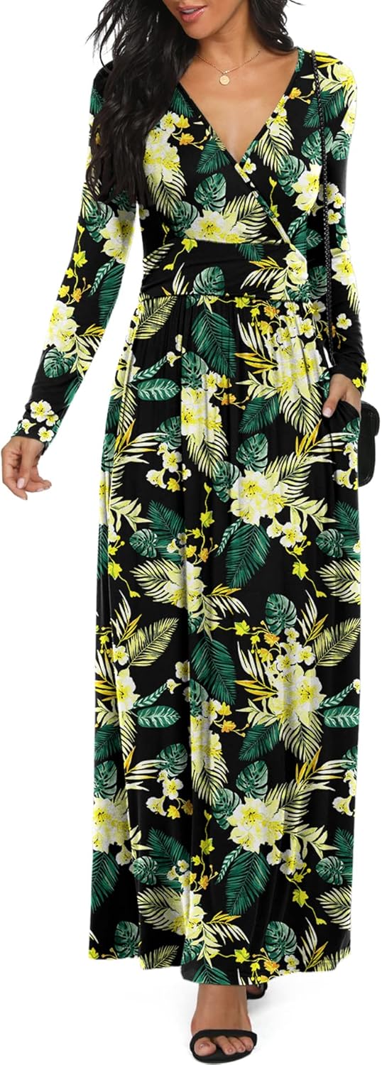 LILBETTER Women Long Sleeve Deep V Neck Maxi Casual Dress