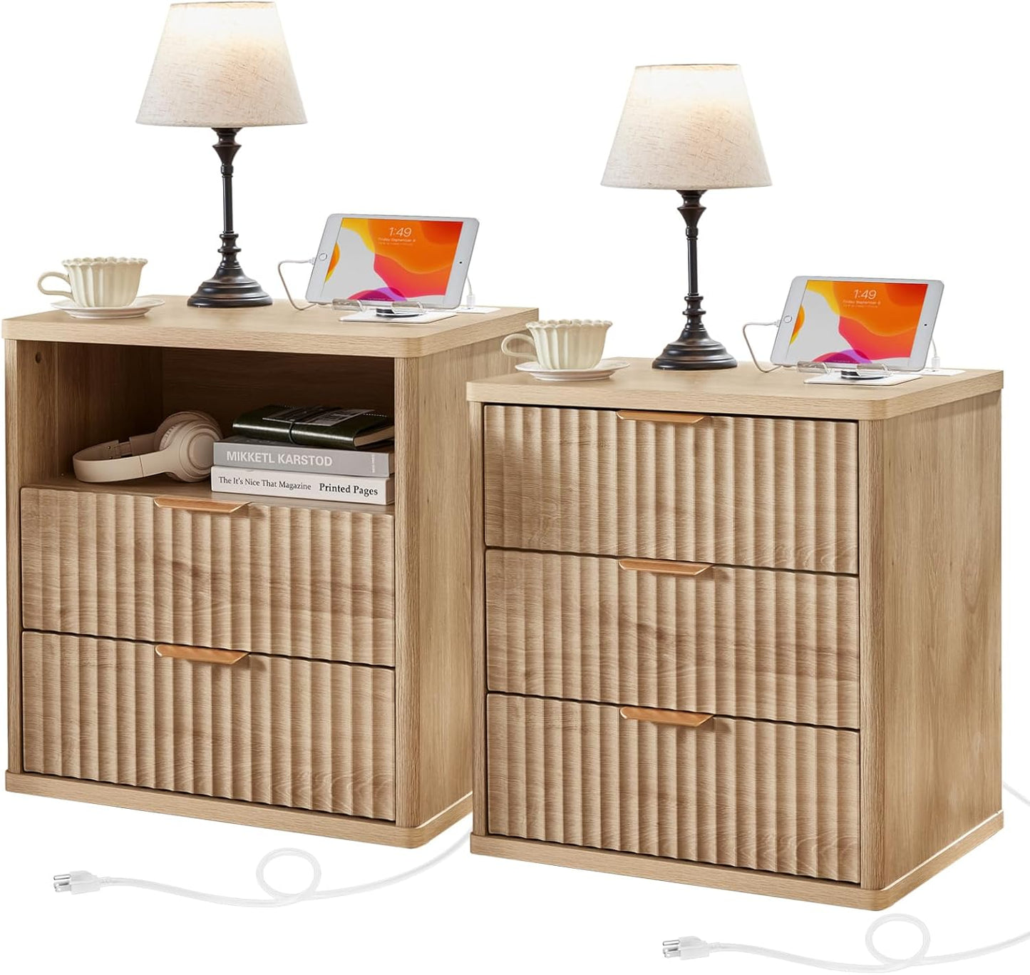 Fluted Farmhouse Nightstand Set of 2 with Charging Station