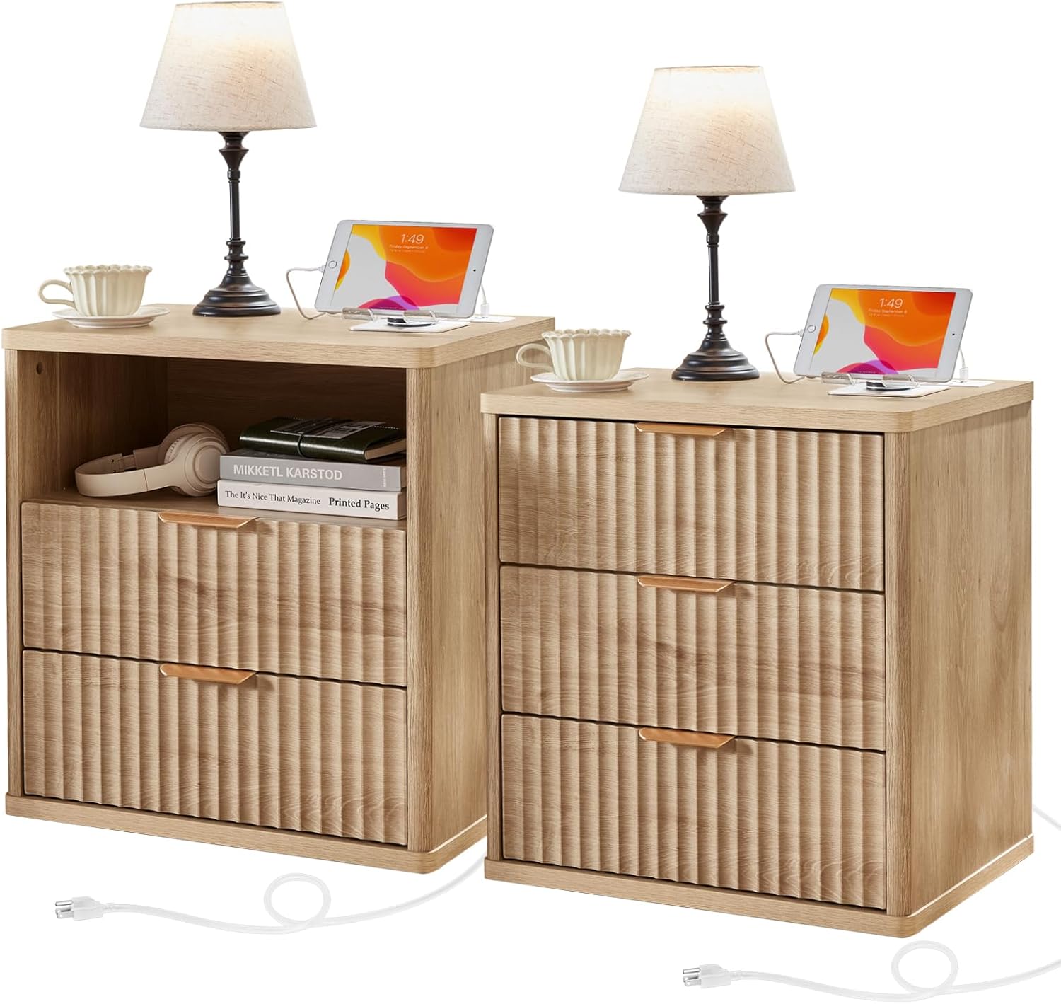 Fluted Farmhouse Nightstand Set of 2 with Charging Station