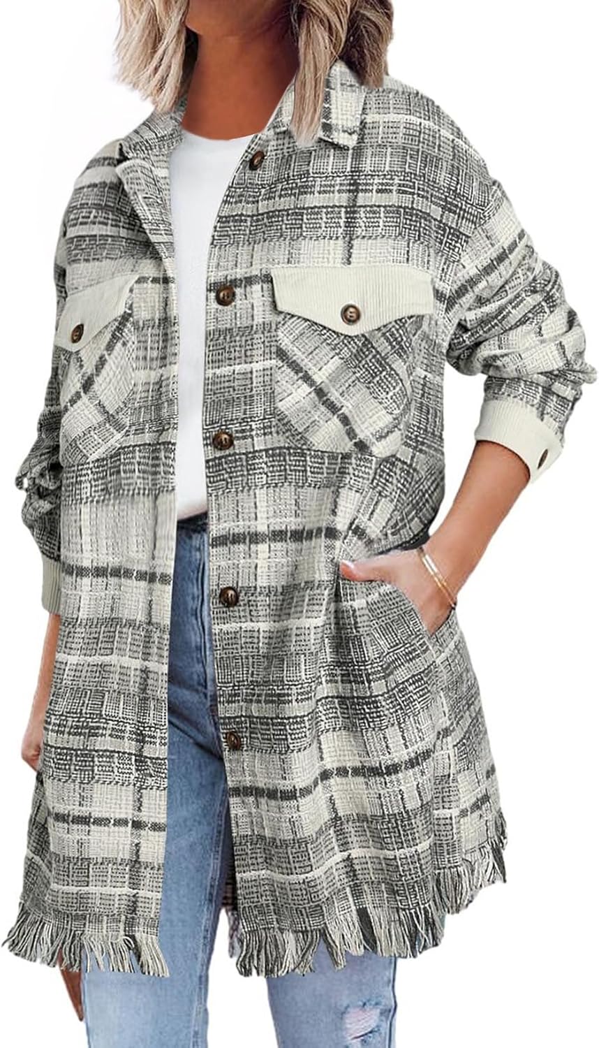 SHEWIN Womens Casual Plaid Shacket Long Sleeve Oversized Coat