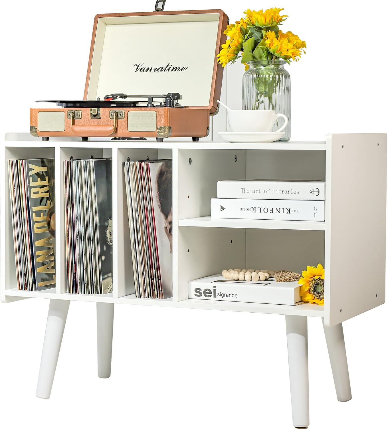 Mid-Century Modern Record Player Stand with Vinyl Storage