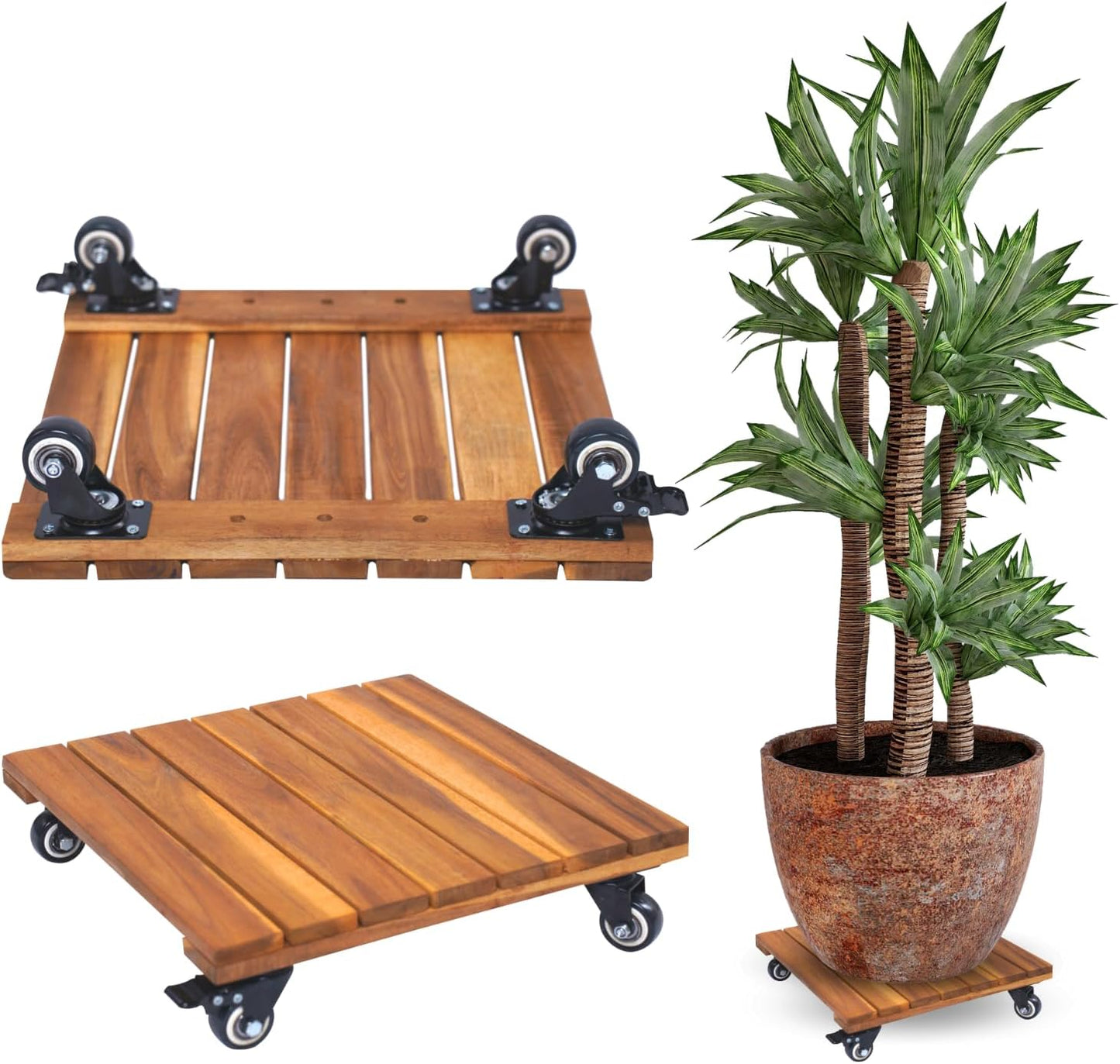 Heavy Duty 14 INCH Wood Plant Caddy with Lockable Wheels