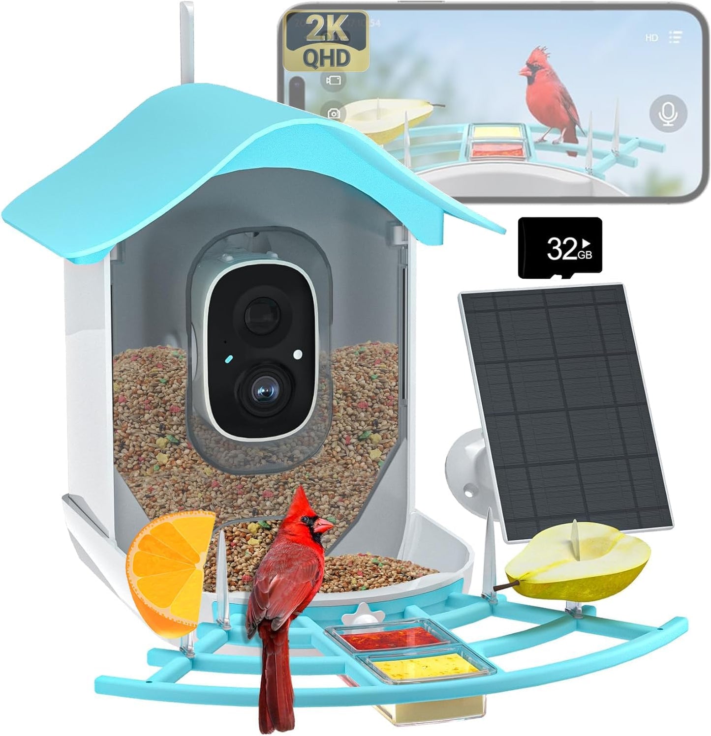 2K Bird Feeder Camera - AI Recognition, Solar Powered, Motion Detect
