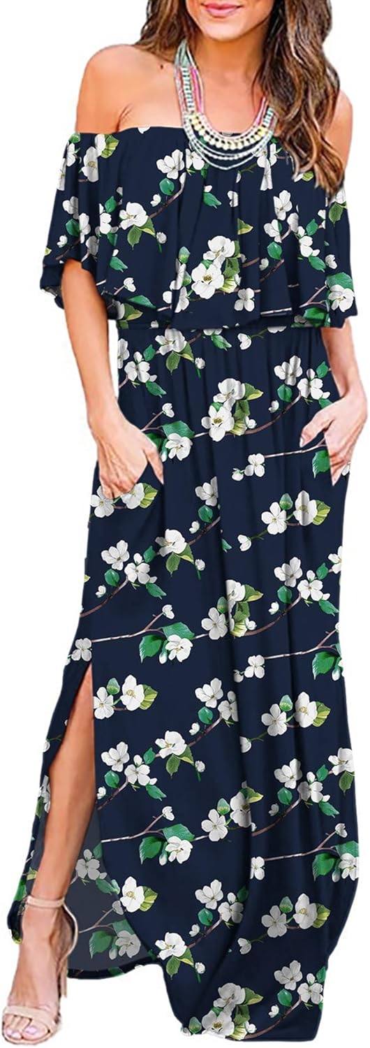 LILBETTER Womens Off The Shoulder Ruffle Party Maxi Dress