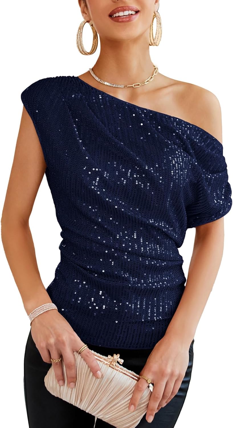One Shoulder Sequin Sparkly Tops for Women by GRACE KARIN