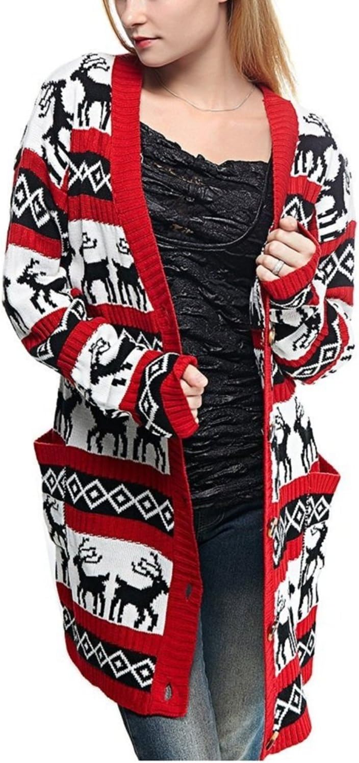 v28 Womens Oversized Christmas Reindeer Cardigan for Festive Style