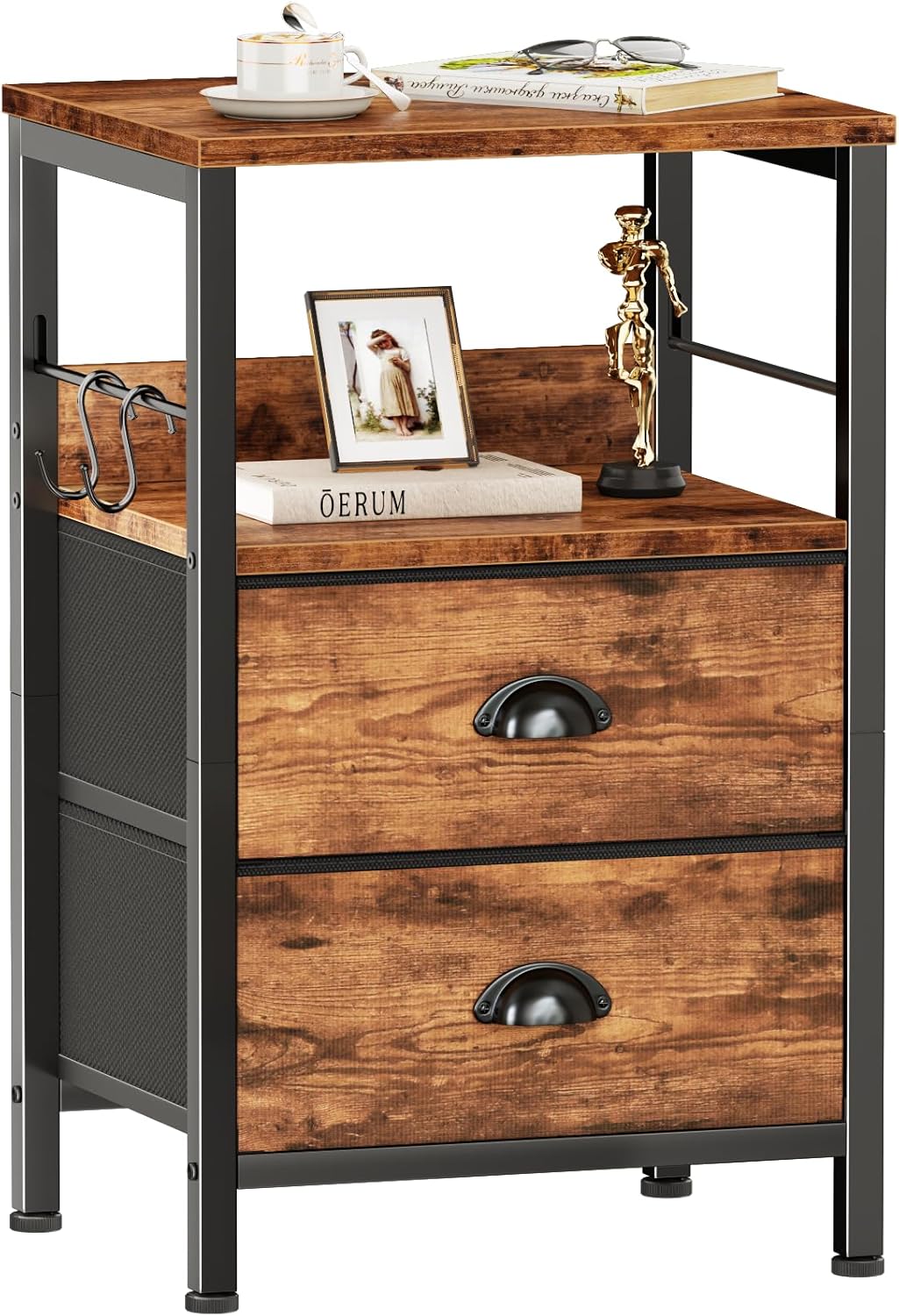 Furologee Nightstand with 2 Fabric Drawers and Hooks