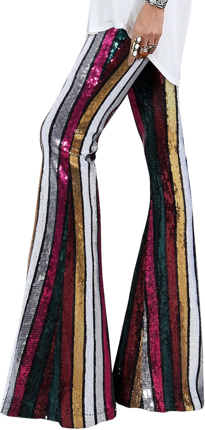 EVALESS Women Sequin Pants Sparkly Glitter High Waisted Trousers