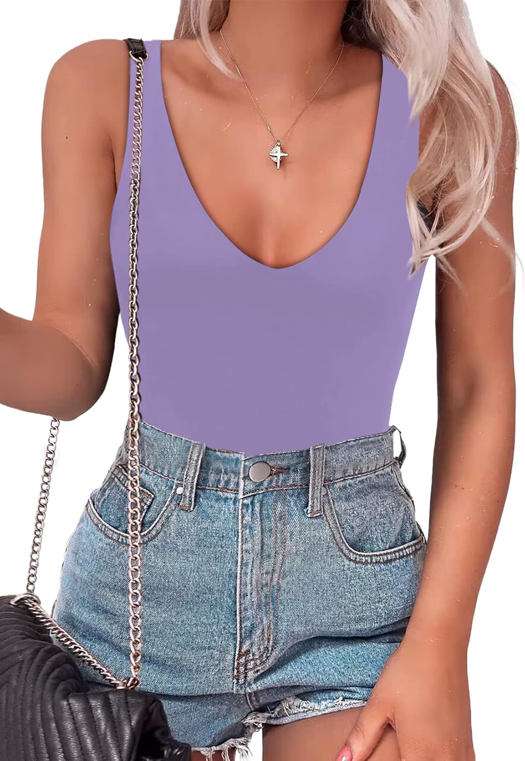 SAUNGKUAI Womens Bodysuit with Plunge Deep V Neck Design