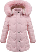 Girls' Hooded Winter Puffer Coat with Detachable Fur - Windproof