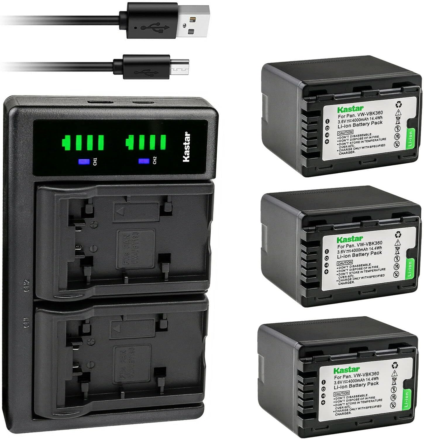 Kastar 3-Pack VW-VBK360 Battery and USB Charger for Panasonic