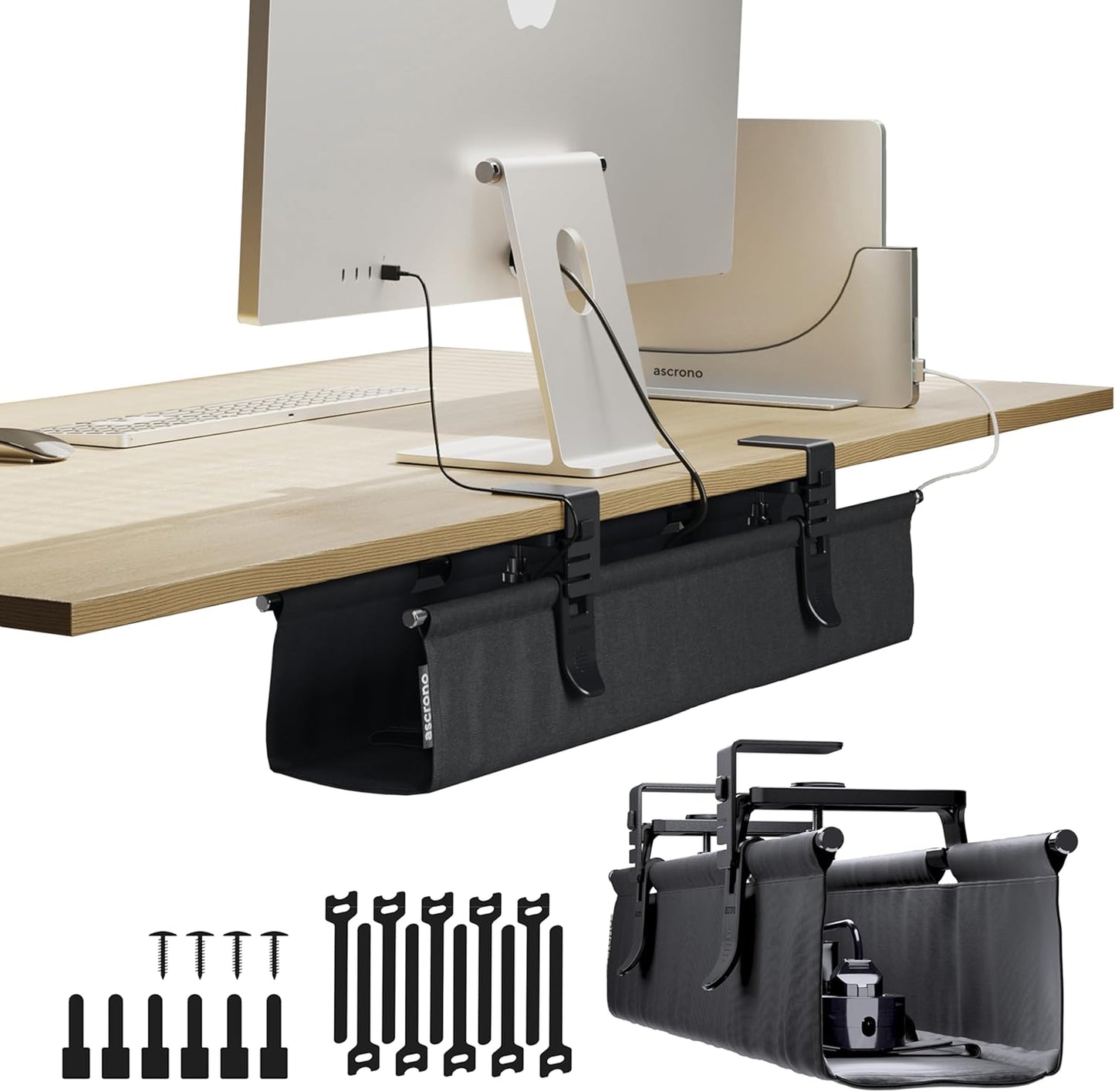 Ascrono No Drill Under Desk Cable Management Tray for Clean Setup