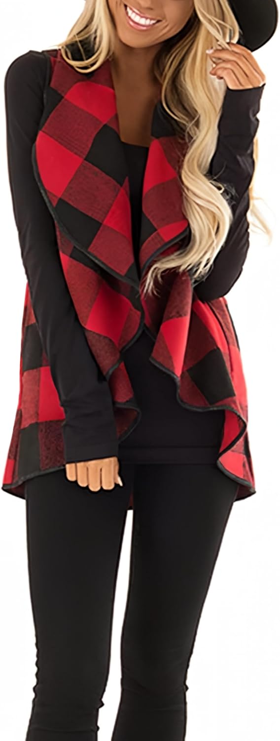 Unidear Womens Buffalo Plaid Vest Casual Open Front Cardigan