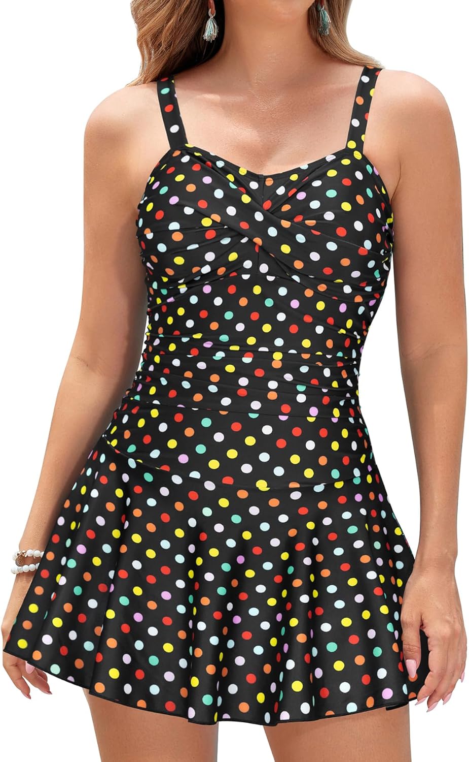 SHEKINI Women's Crossover Ruched Skirt One Piece Swimdress