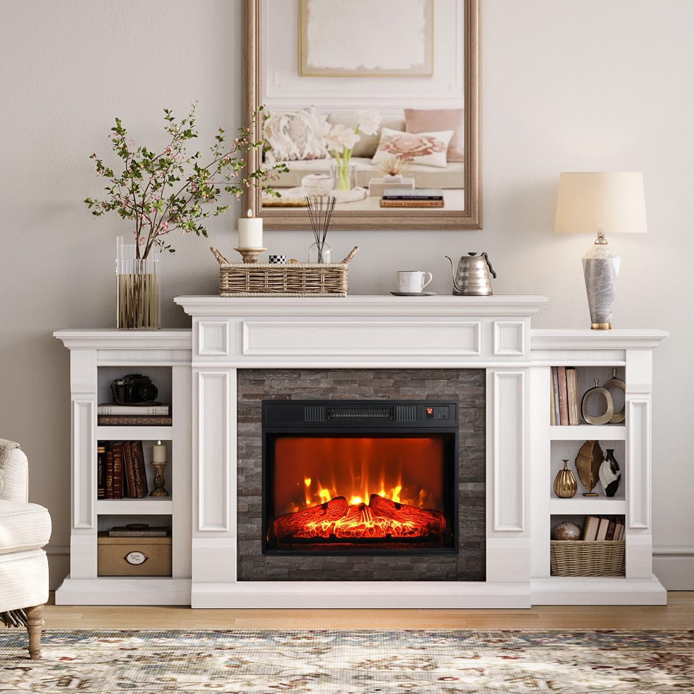 Naice 72in Electric Fireplace with Mantel and Cabinets for Home