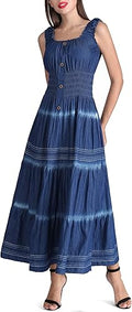 Women's Denim Maxi Dress Sleeveless A-Line Sundress - Flowy Cotton
