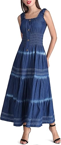 DREFBUFY Women's Maxi Dress Sleeveless Denim Long Summer A-line
