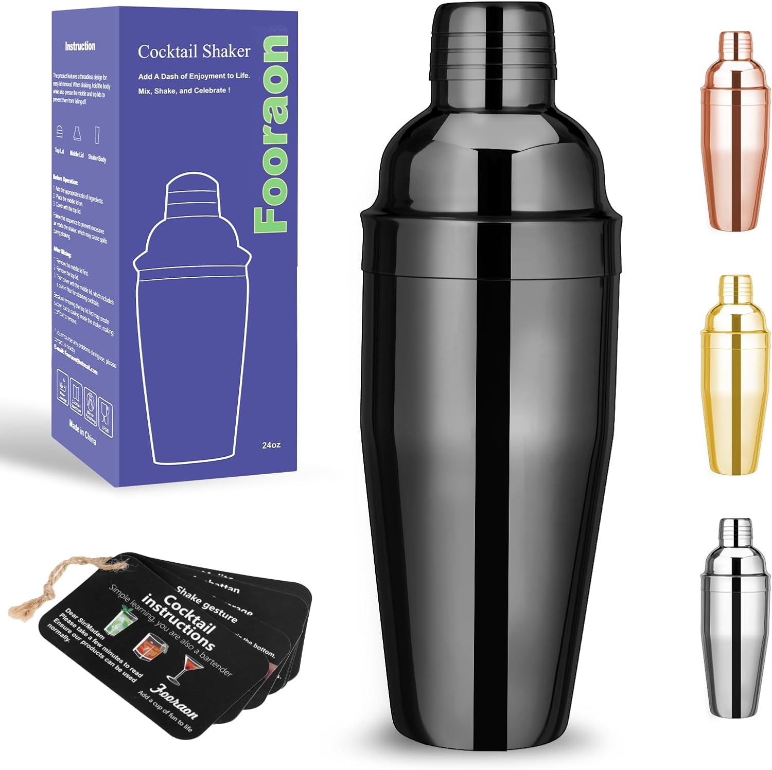 Professional 24oz Cocktail Shaker - Built-in Strainer - Stainless Steel - Fooraon