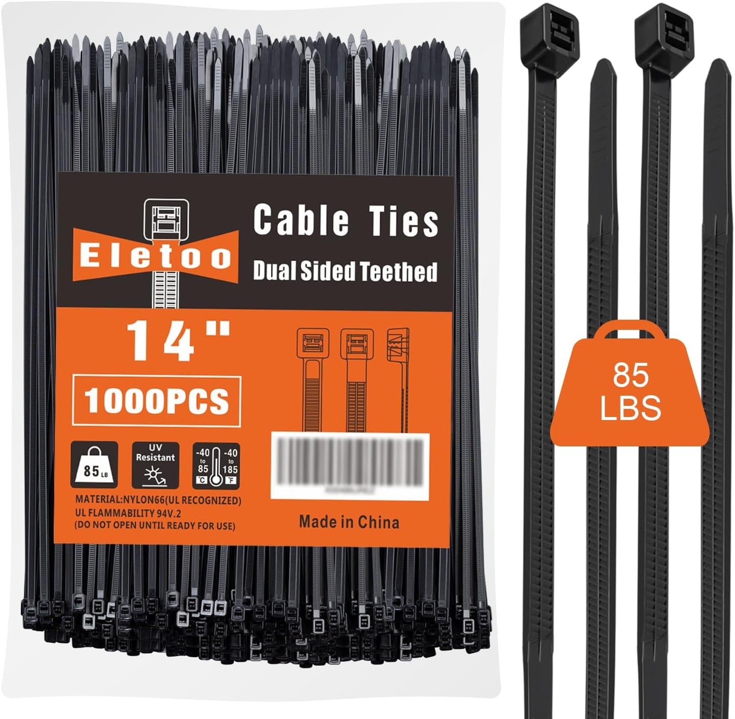 14 Inch Black Zip Ties - 1000 Pack with 85 LBS Strength