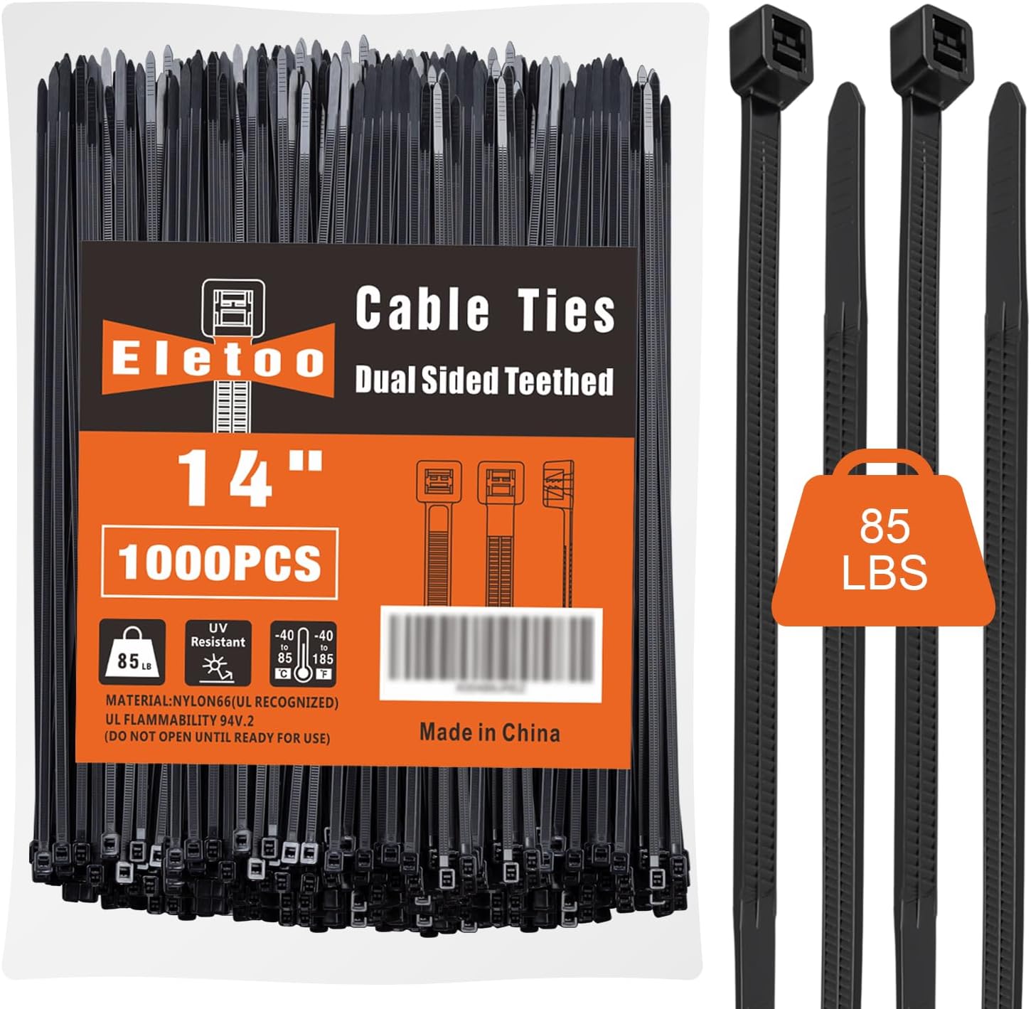 14 Inch Black Zip Ties - 1000 Pack with 85 LBS Strength