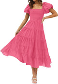 ZESICA Womens Square Neck Puff Sleeve Tiered Midi Dress - Smocked Fit