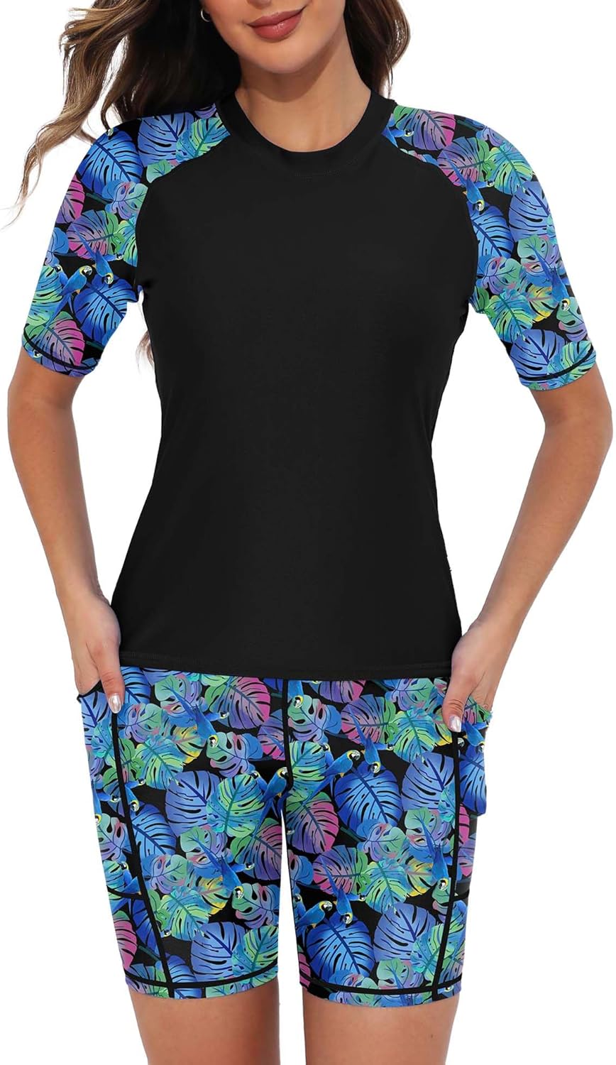 Tournesol Women's Two Piece Rash Guard Swim Set with Pockets