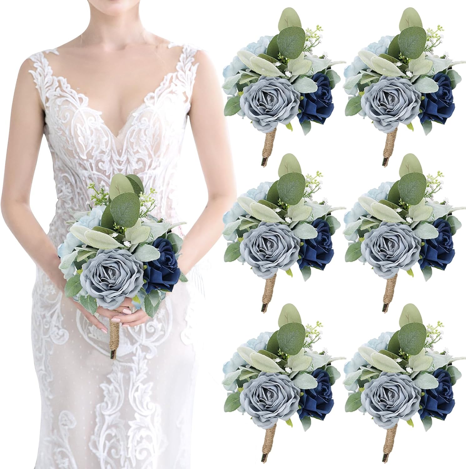 Bridesmaid Bouquets for Wedding - Set of 6 Artificial Flowers