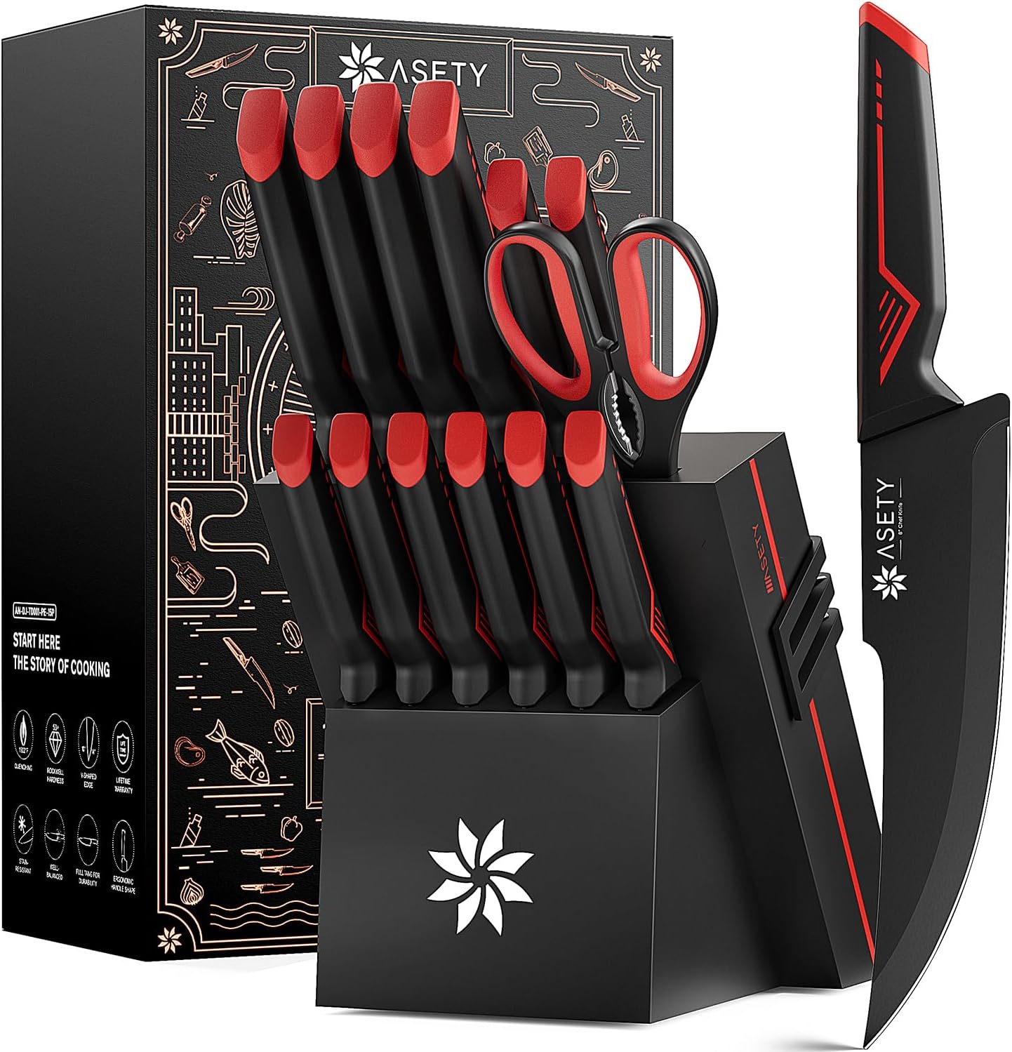 15 PCS Kitchen Knife Set with Built-in Sharpener Block Red