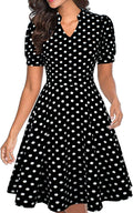 Womens Summer Puff Sleeve Fit and Flare Dress - Knee Length Elegant