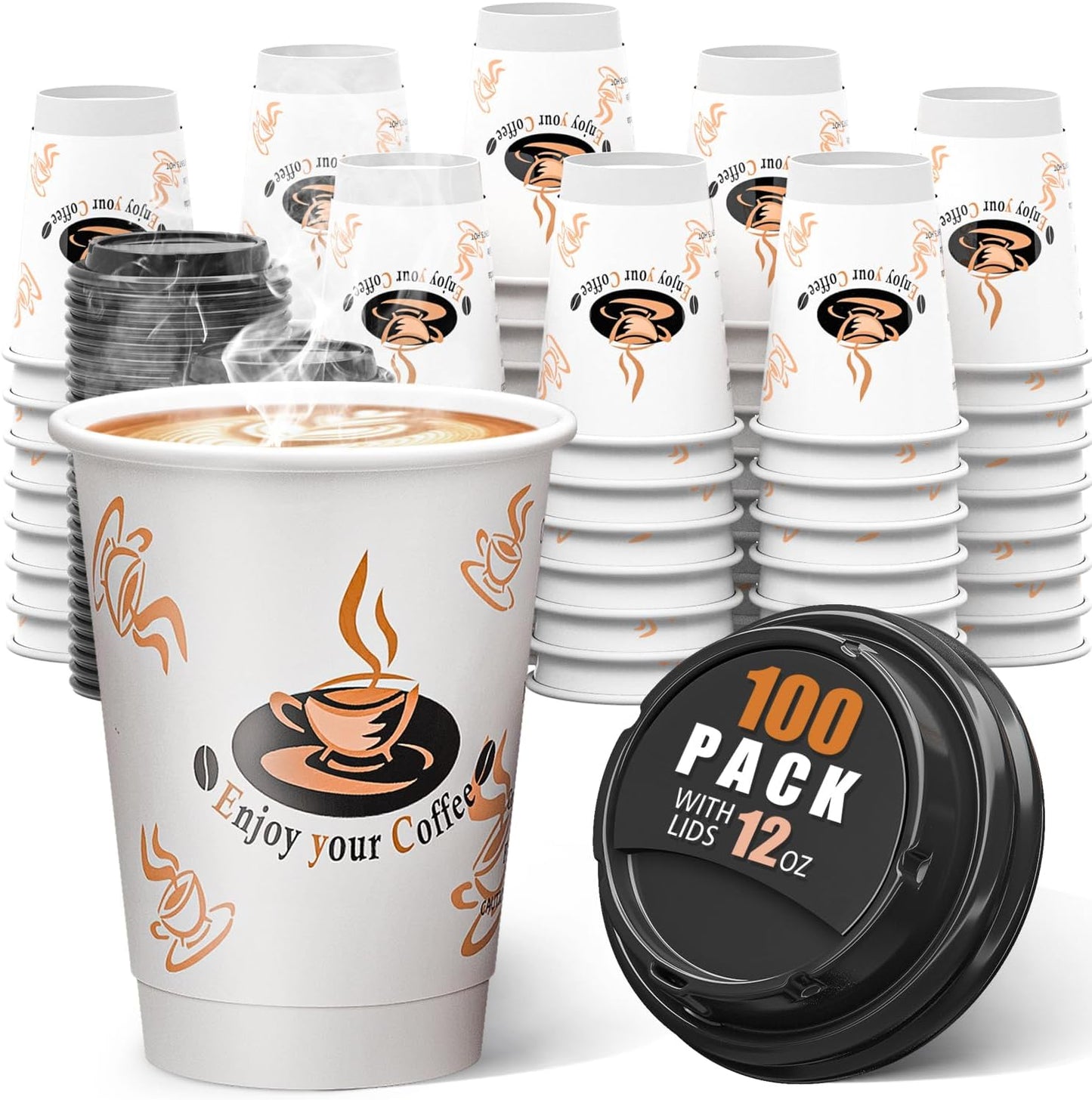 Qunclay 100 Pack 12 oz Double Wall Coffee Cups with Lids