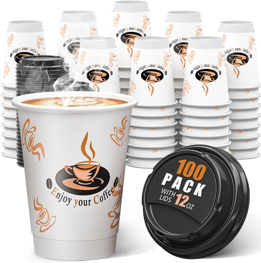 Qunclay 100 Pack 12 oz Double Wall Coffee Cups with Lids