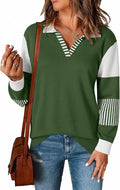 LOMON V Neck Long Sleeve Color Block Striped Knitted