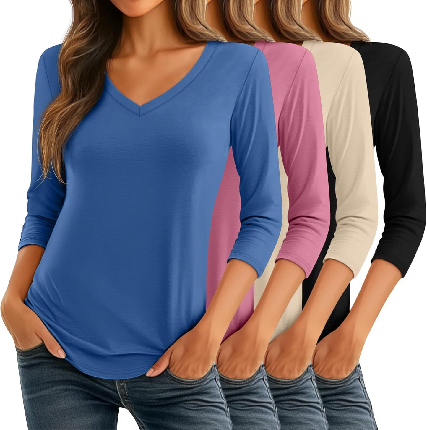 Ficerd Women's 3/4 Sleeve V Neck Casual Tunic Tops for Summer