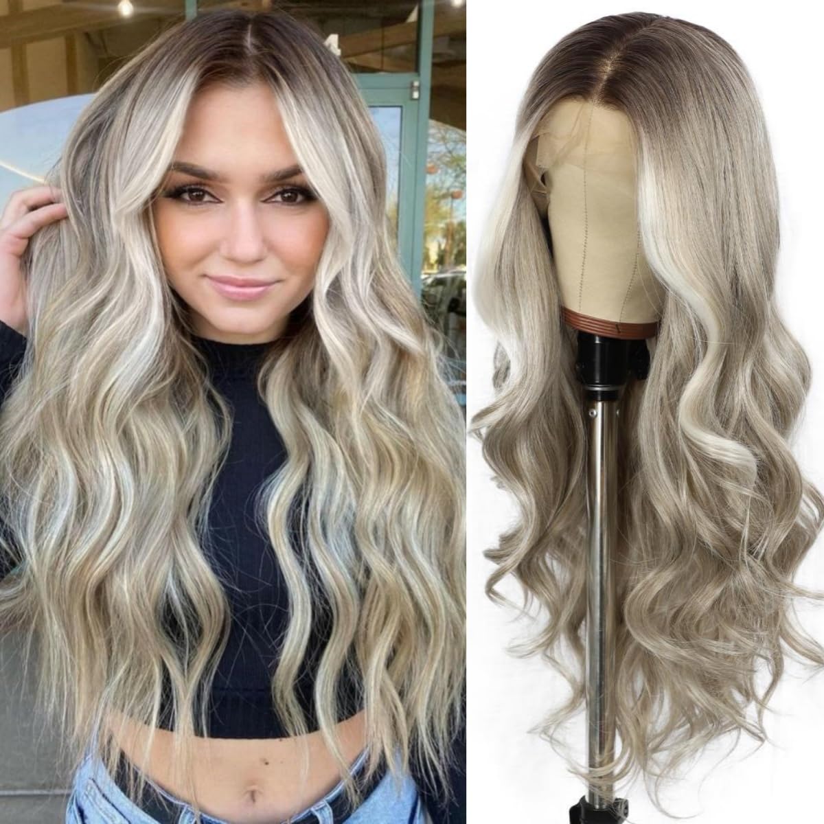 Long Wavy Synthetic Wig for Women - Highlight Grey Hair Style