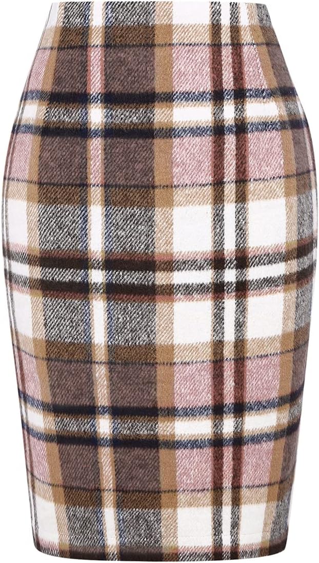 Plaid Skirts for Women Fall Winter Knee Length Pencil Wool Skirt