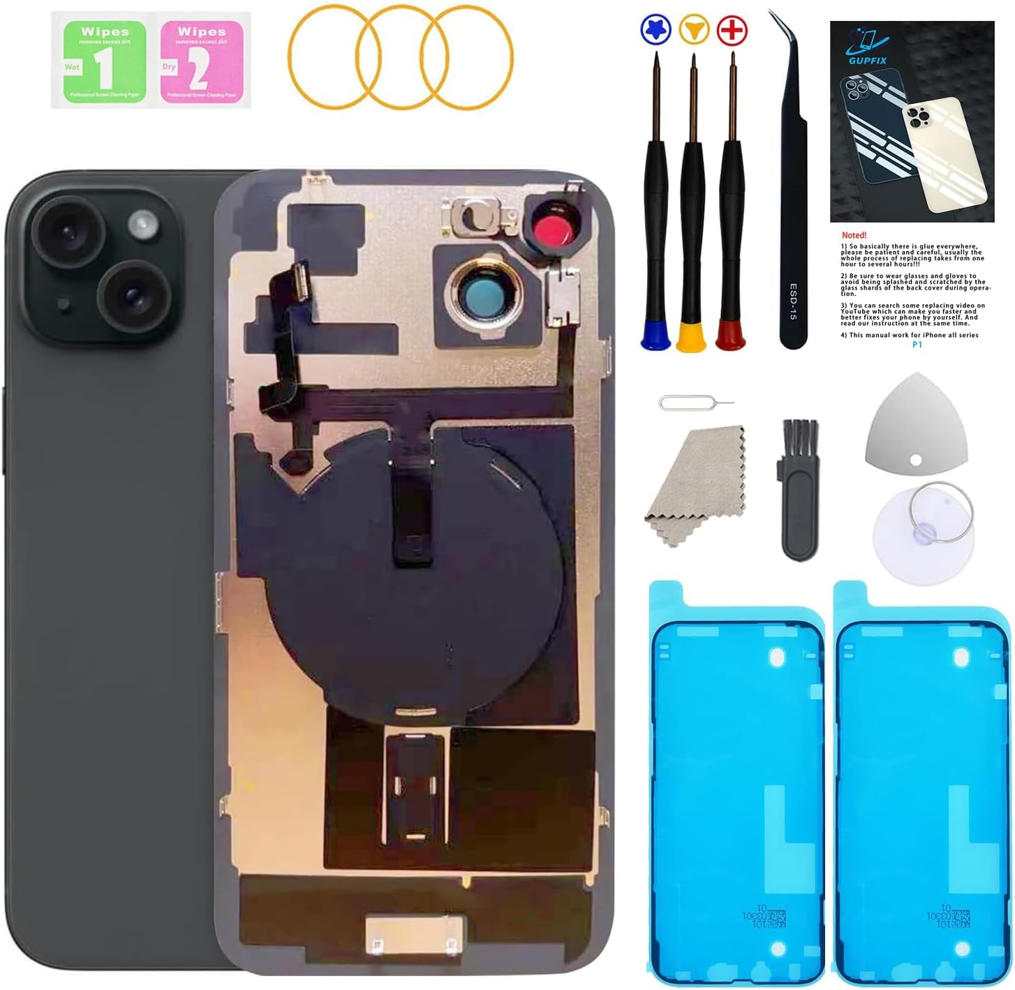 Back Glass Replacement for iPhone 15 with Repair Tools Kit