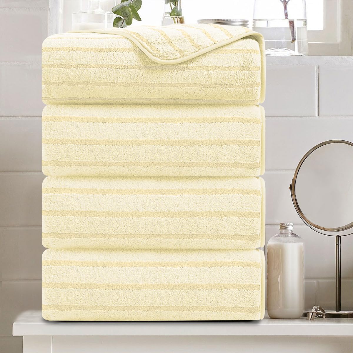 Oversized Light Yellow Cabana Stripe Bath Towels Set of 4