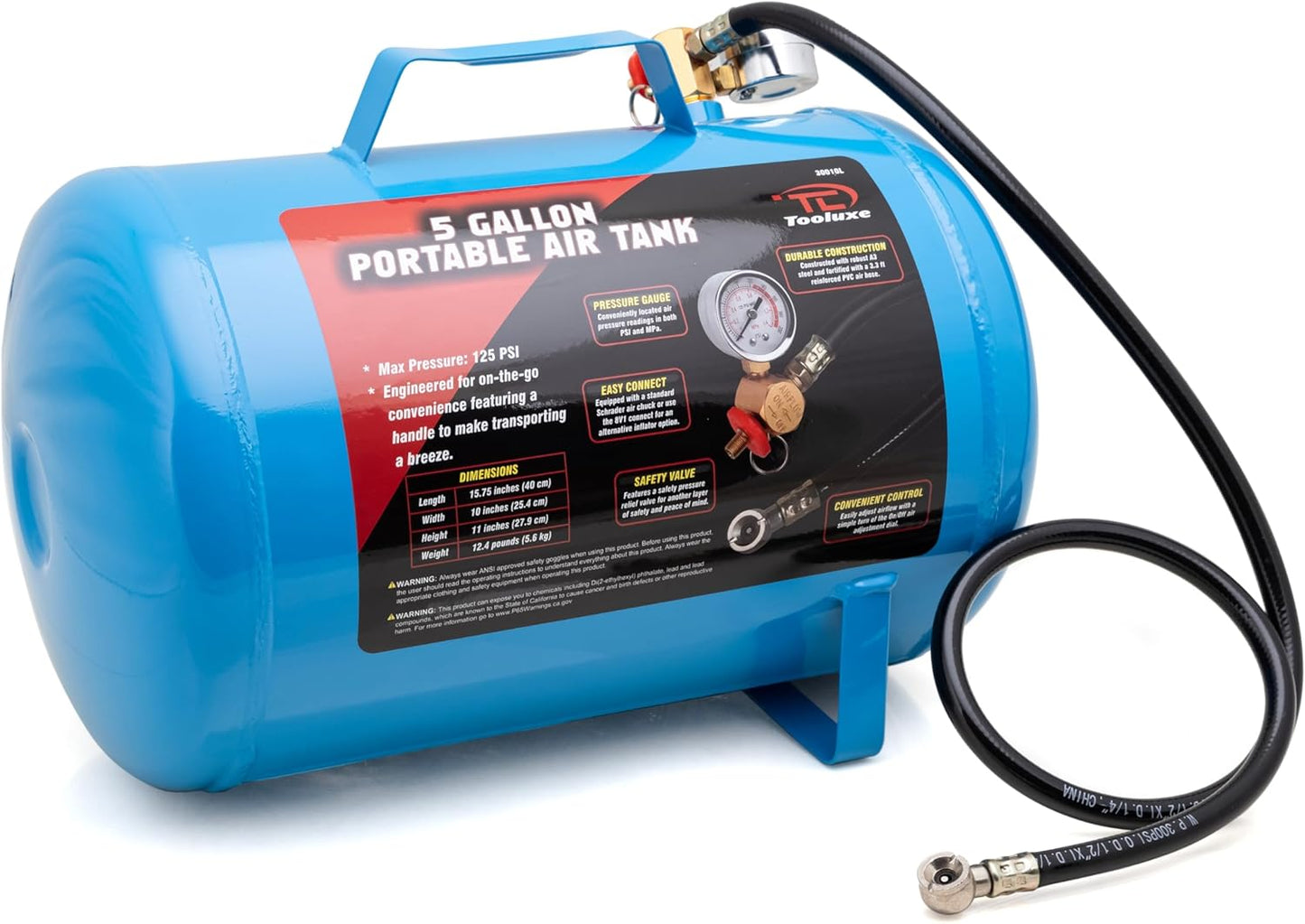 Tooluxe 5 Gallon Portable Air Tank - 125 PSI Pressure, 40 Hose, Industrial Chuck