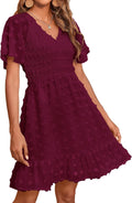 Womens Beach Vacation V Neck Smocked Swiss Dot Mini Dress - Summer Fit