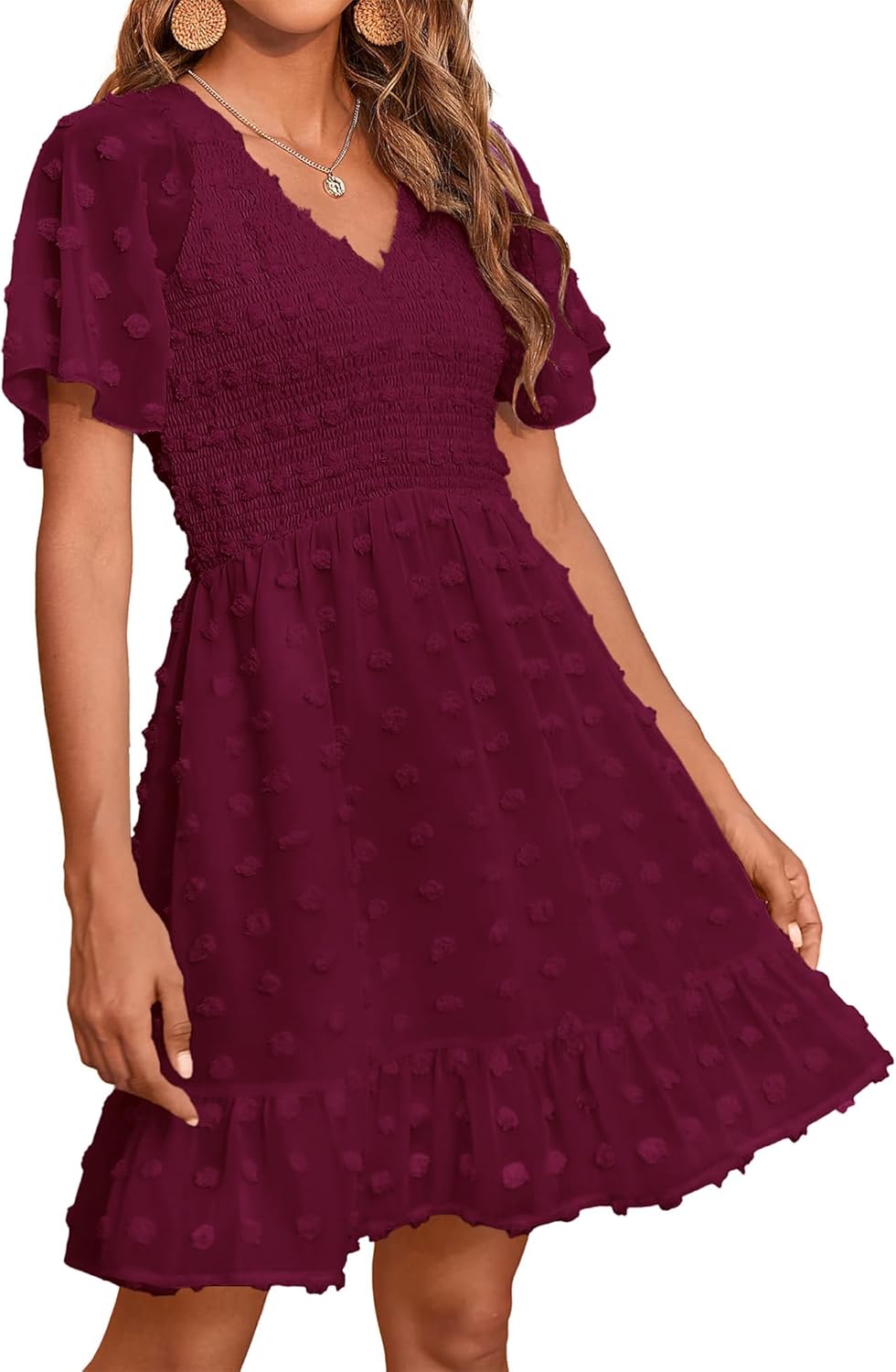 Womens Beach Vacation Dress with Ruffle and Swiss Dot Design