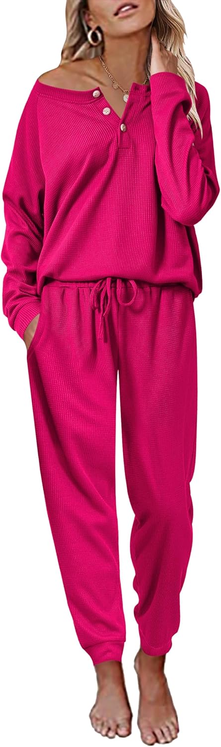 Ekouaer Pajamas Women's Waffle Knit Sleepwear Set for Comfort