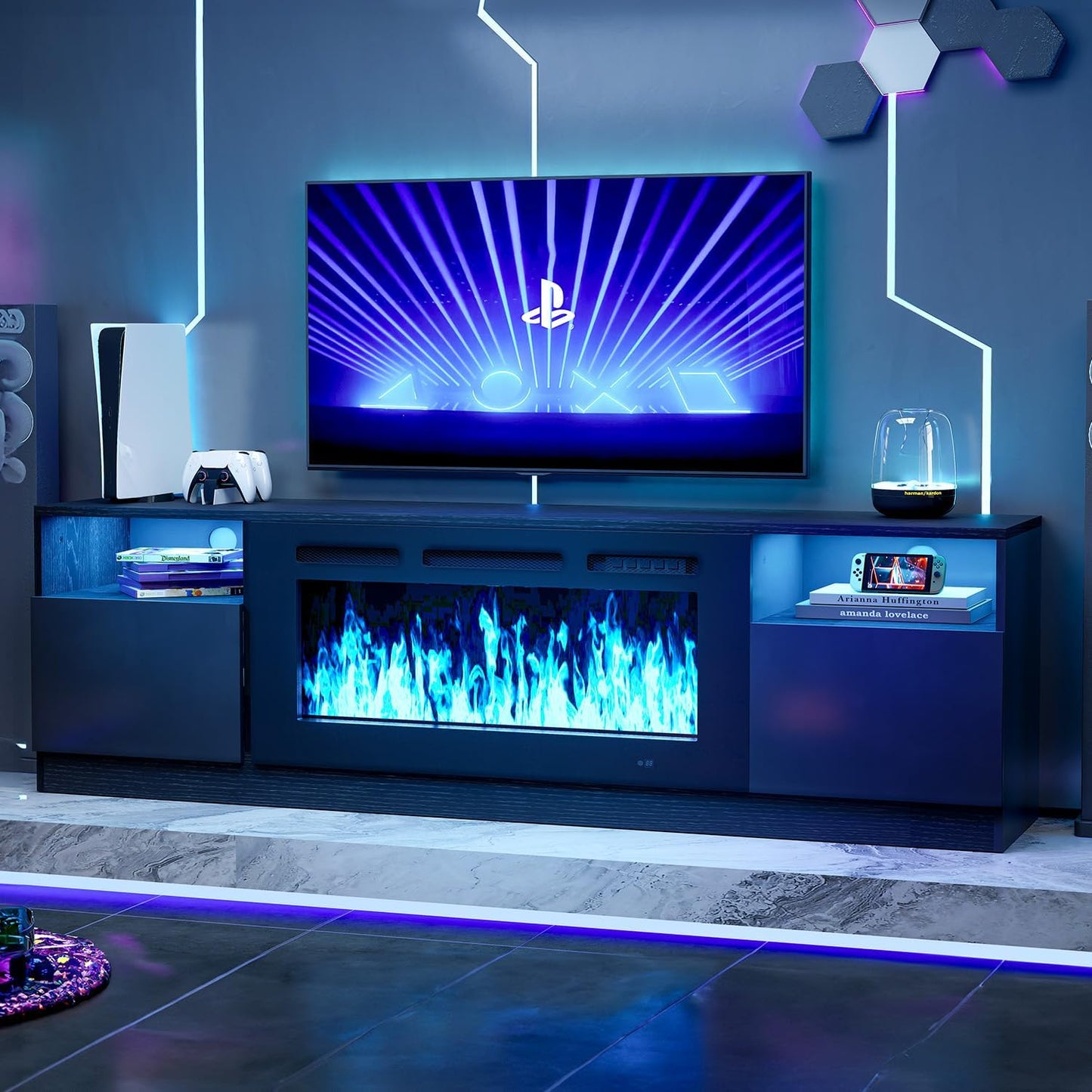 Modern 70 Black Fireplace TV Stand - 36 Electric Fireplace, LED Lights, Sizable Storage