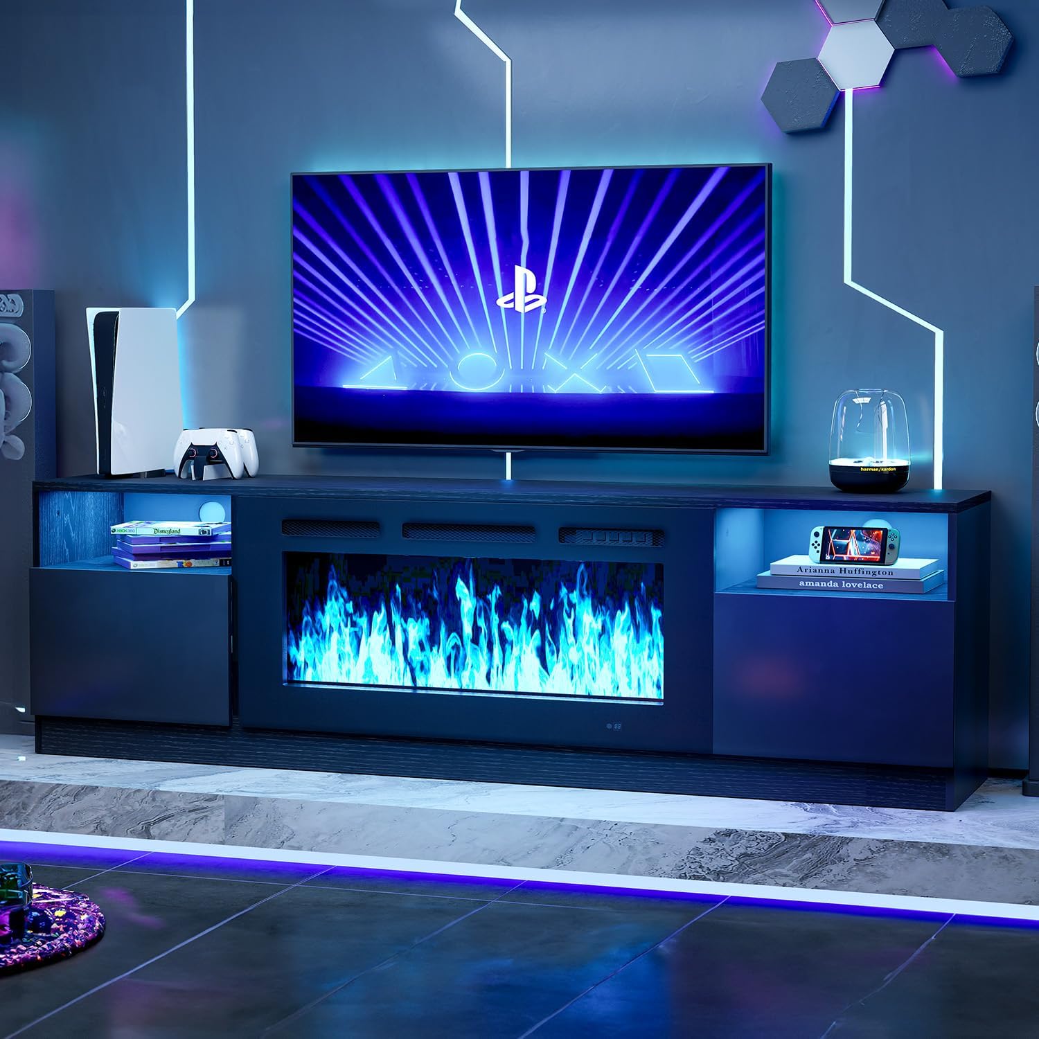 Modern 70 Black Fireplace TV Stand - 36 Electric Fireplace, LED Lights, Sizable Storage