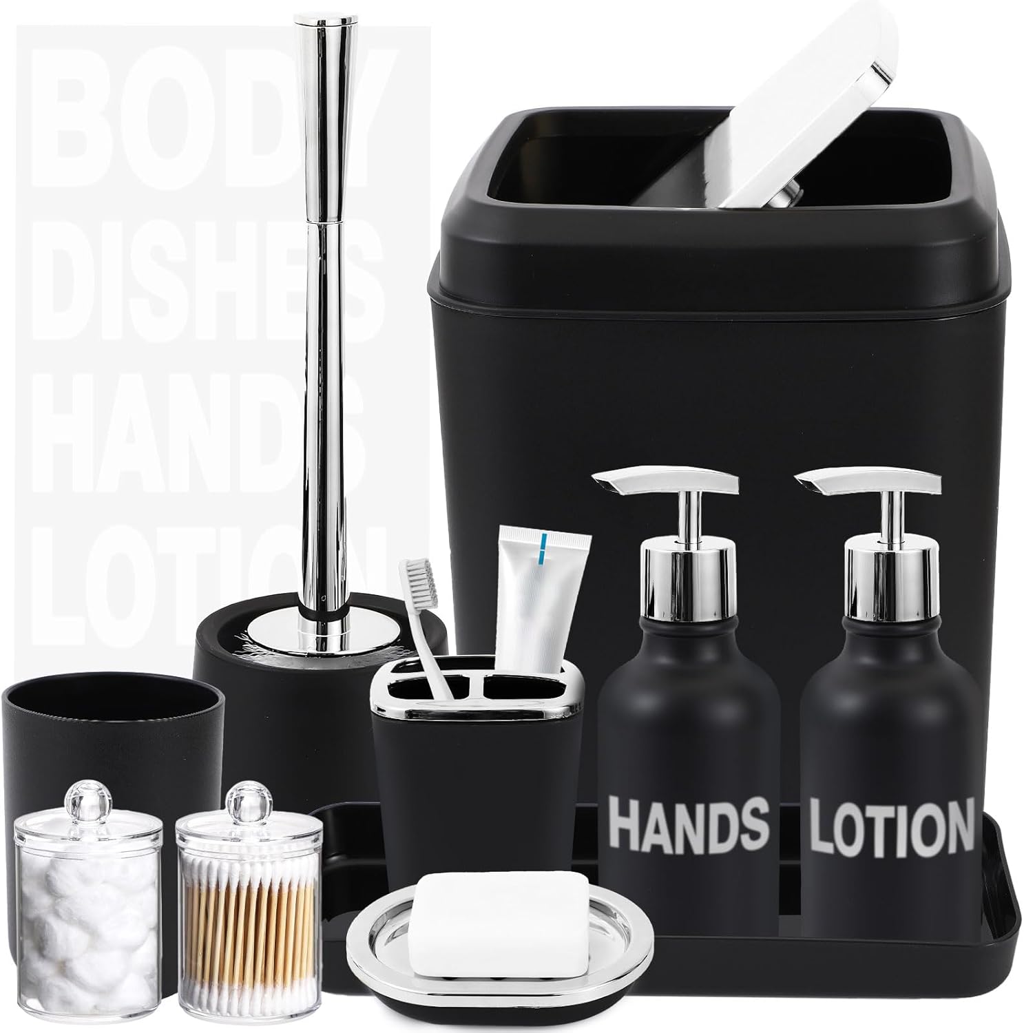 Black Bathroom Accessories Set - 10 Piece Complete Set for Home